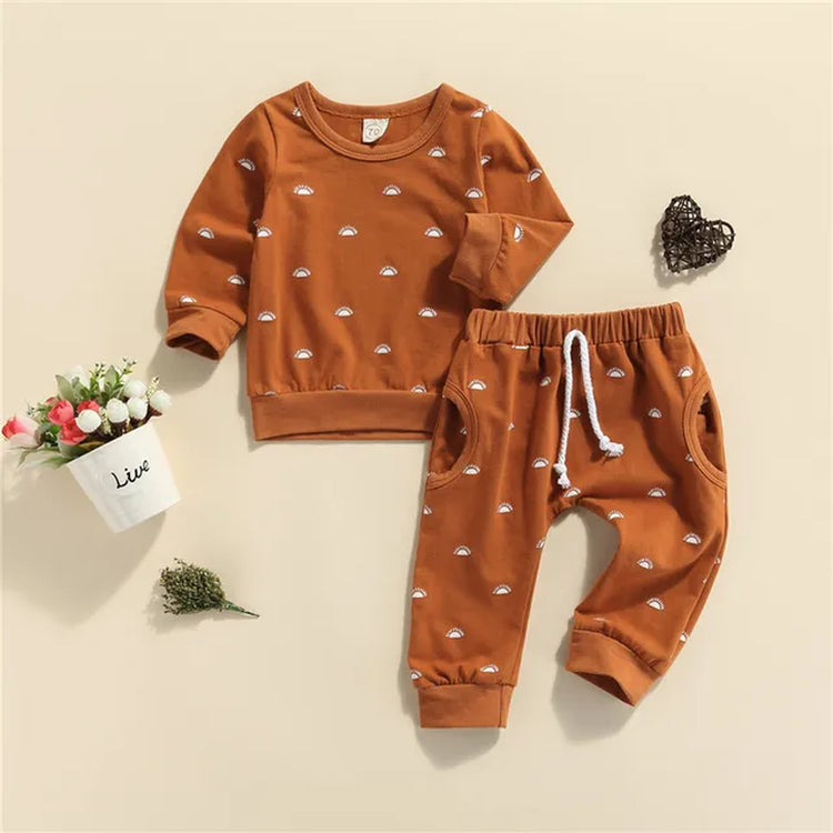 Sun Print Sweatshirt and Elastic Pants Set for Baby Boys and Girls