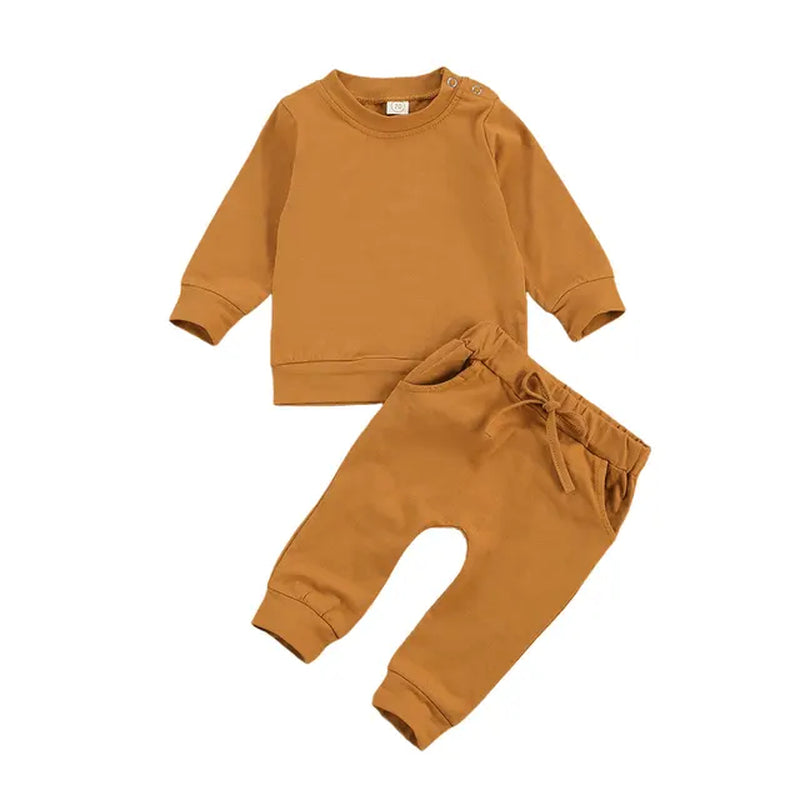 Newborn Baby Solid Color Outfit Set with Long Sleeve Pullover and Drawstring Trousers