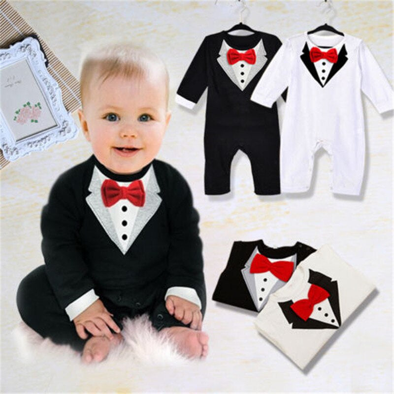 "Baby Boys Long Sleeve Formal Romper with Bow Tie, Black and White, 0-24 Months"