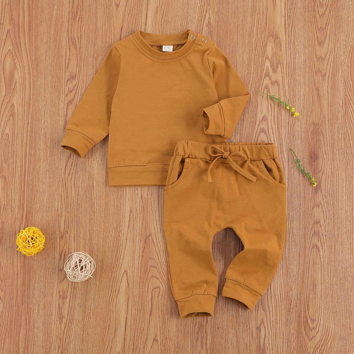 Newborn Baby Solid Color Outfit Set with Long Sleeve Pullover and Drawstring Trousers