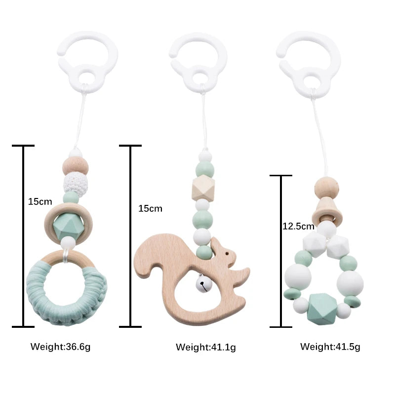 "Set of 3 Baby Rattles with Wooden Beads Pendant, Crib Mobile, and Hanging Decor - Handmade Stroller Accessories and Infant Toys"