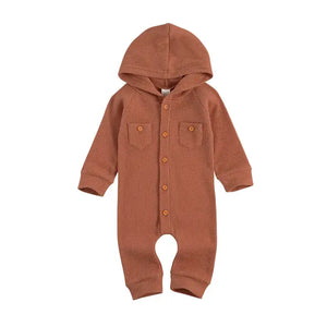 Solid Waffle Pattern One-Piece Romper with Hood and Front Pockets for Newborn Baby Girl or Boy