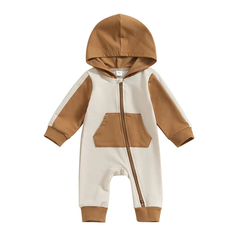 "Infant Baby Boy Girl Full Length Jumpsuit with Contrast Color Hood and Long Sleeve, Zipper Closure (0-18M)"